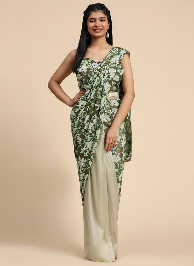 Silk Green Party Wear Sequins Work Ready To Wear Saree